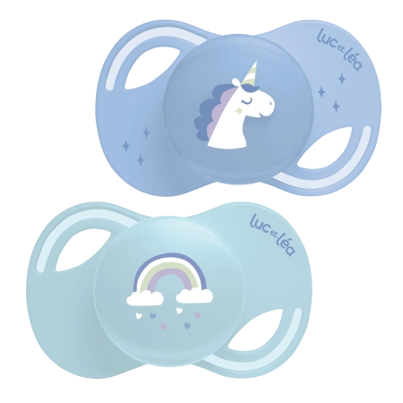 LUC ET LEA Sucettes anatomiques extra-fines - +18 mois - Licorne et Arc-en-ciel - Lot de 2 Gamme Collection