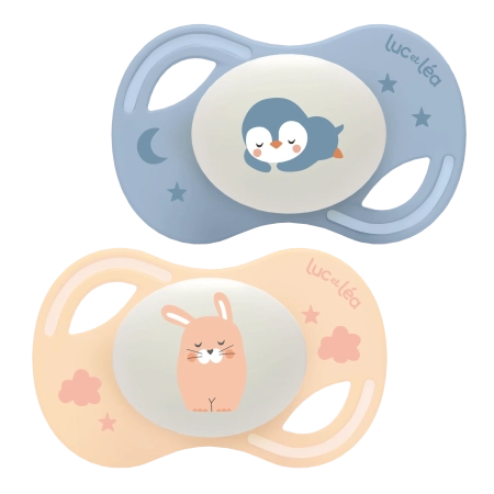 LUC ET LEA Sucettes anatomiques nuit extra-fines - 0-6 mois - Lapin et Pingouin - Lot de 2 Gamme Collection