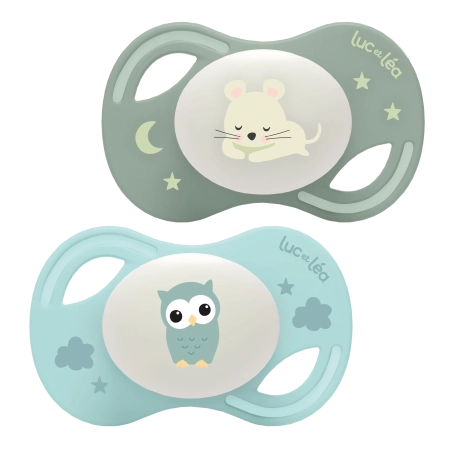 LUC ET LEA Sucettes anatomiques nuit extra-fines - 6-18 mois - Souris et Chouette - Lot de 2 Gamme Collection