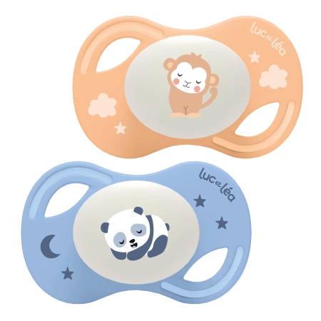 LUC ET LEA Sucettes anatomiques nuit extra-fines - 6-18 mois - Panda et Singe - Lot de 2 Gamme Collection