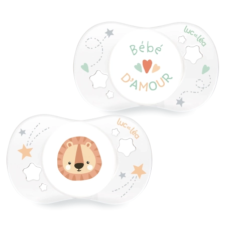 LUC ET LEA Sucettes anatomiques - 0-2 mois - Bébé d'amour et Petit lion - Lot de 2 Gamme Naissance