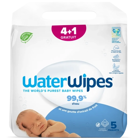 WATERWIPES Lingettes à l'eau - Bébé - Lot de 5 paquets x 60 lingettes